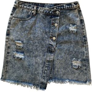 NWT‎ Hayden Girls Women’s Asymmetric Distressed Wrap Denim Skirt Size L